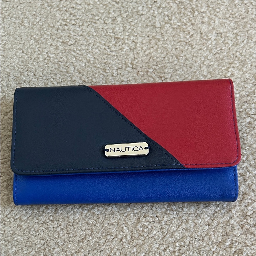 Nautica Tri-Color Leather Wallet in Red, Black, and Blue